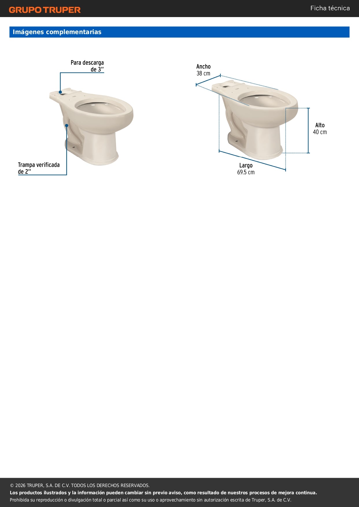 Taza Alargada de Porcelana Marfil FOSET - Sanitarios y Baño