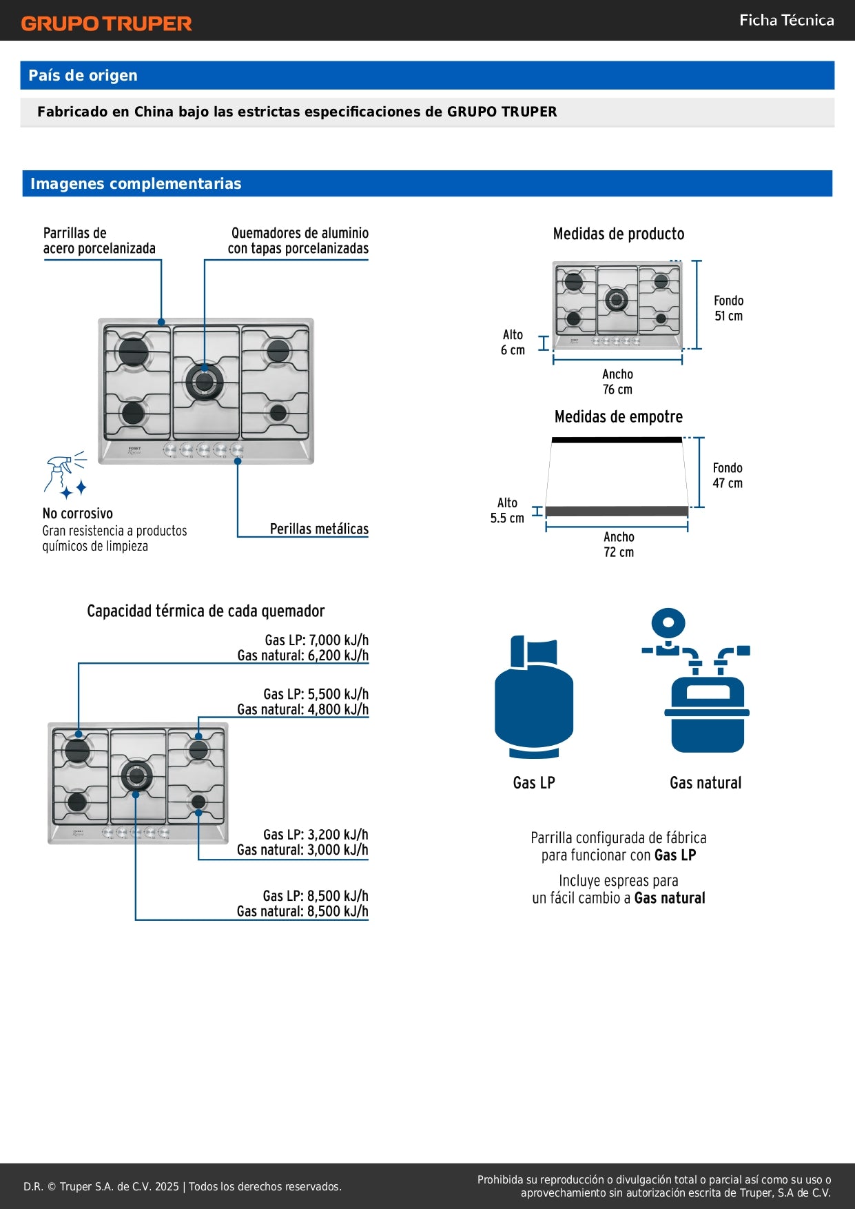 Parrilla Gas Empotrable 75cm FOSET - 5 Quemadores Acero Inoxidable con Quemador Doble Flama"