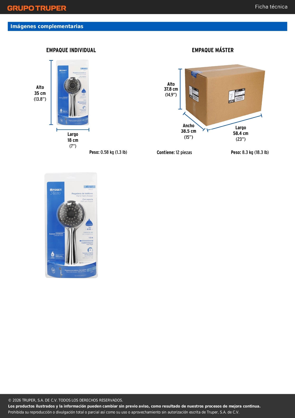 Regadera de Teléfono 3-1/4" ABS Cromada con Cable y Soporte Ajustable AERO FOSET