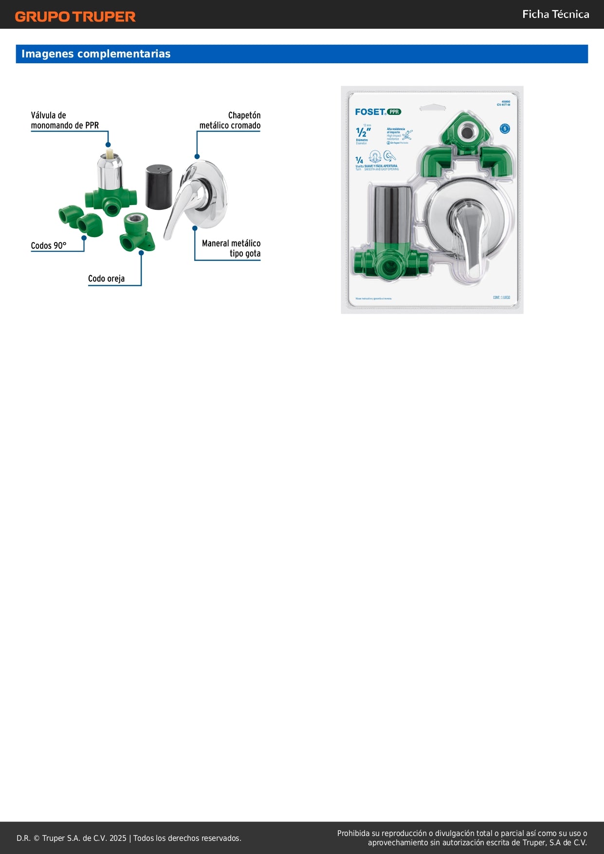 Kit Instalación Regadera PPR 1/2" Monomando FOSET - Código 45860 CV-KIT-M Termofusión