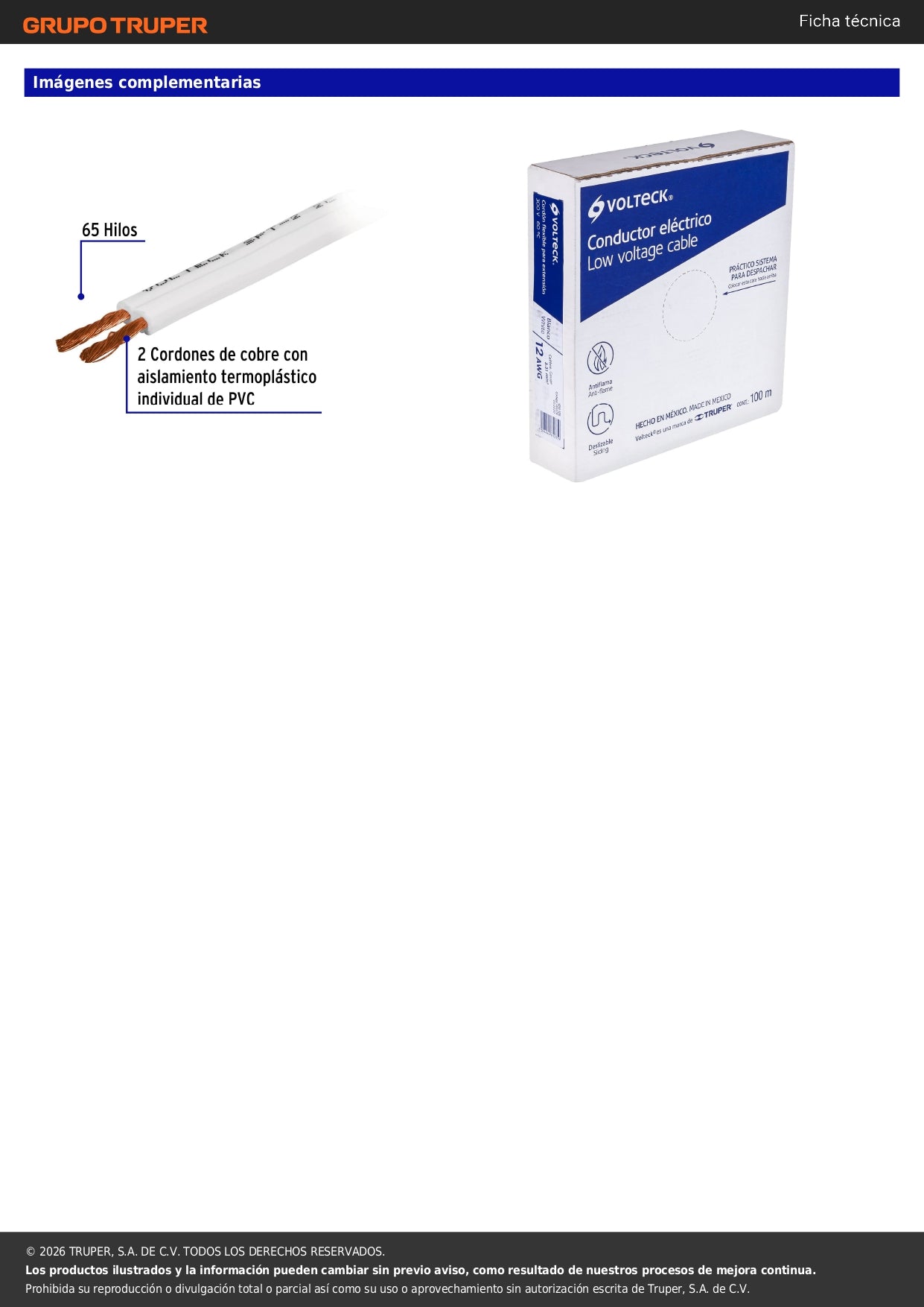 Rollo de 100 m cordón dúplex 12 AWG, VOLTECK 100 % cobre