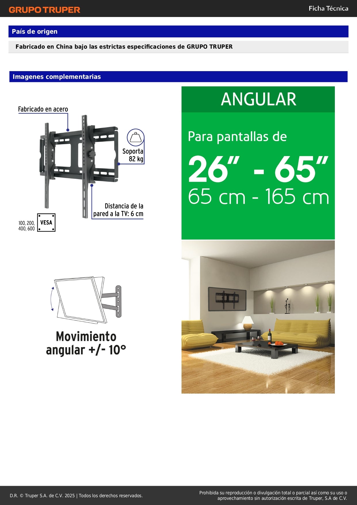 Soporte de Pared para TV 26-65 Pulgadas con Movimiento Angular - Acero Resistente Compatible VESA