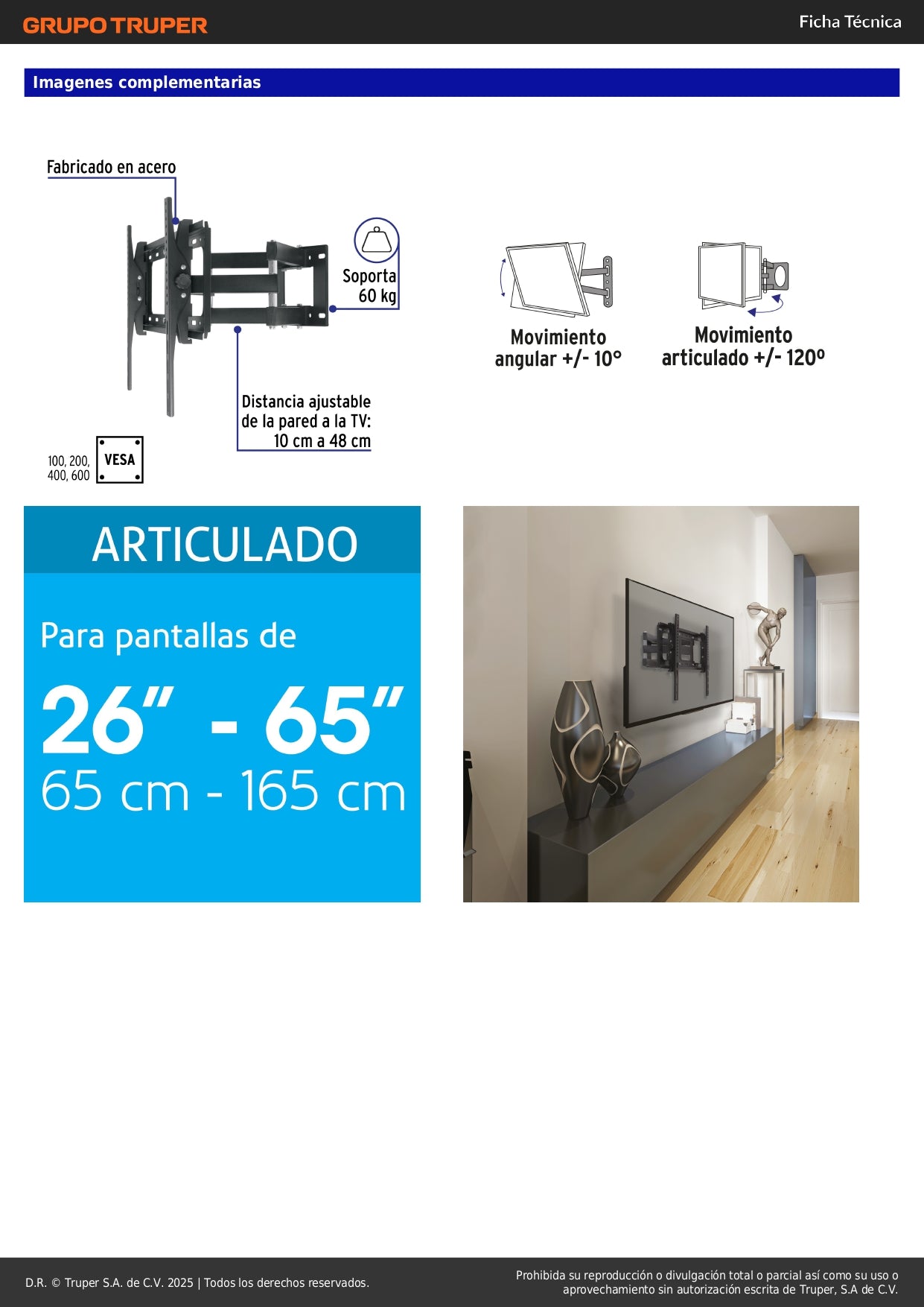 Soporte de Pared para TV 26-65 Pulgadas Articulado Angular - Compatible VESA 100/200/400/600 - Acero Resistente