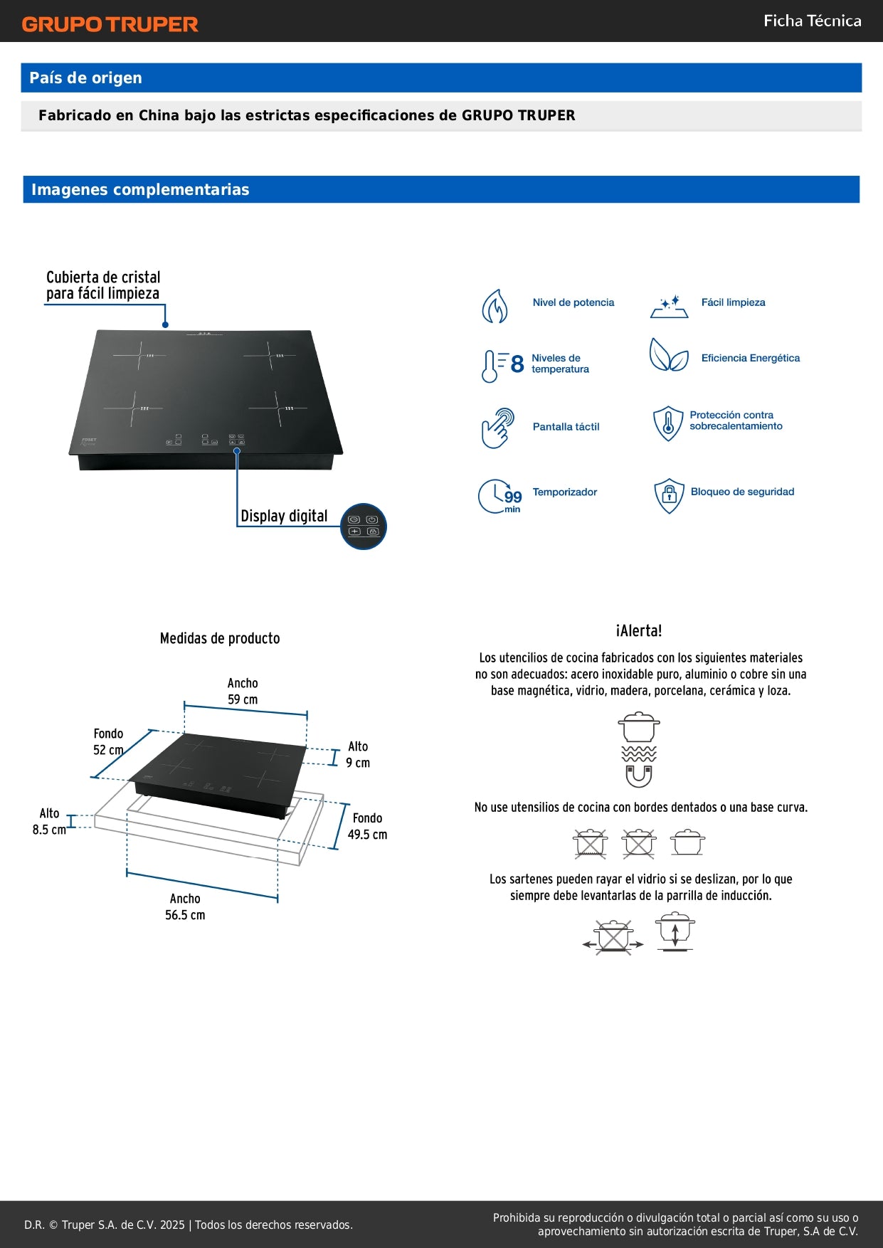 Parrilla Inducción Empotrable RIVIERA 60cm 4 Quemadores Vidrio Templado - Control Táctil Profesional