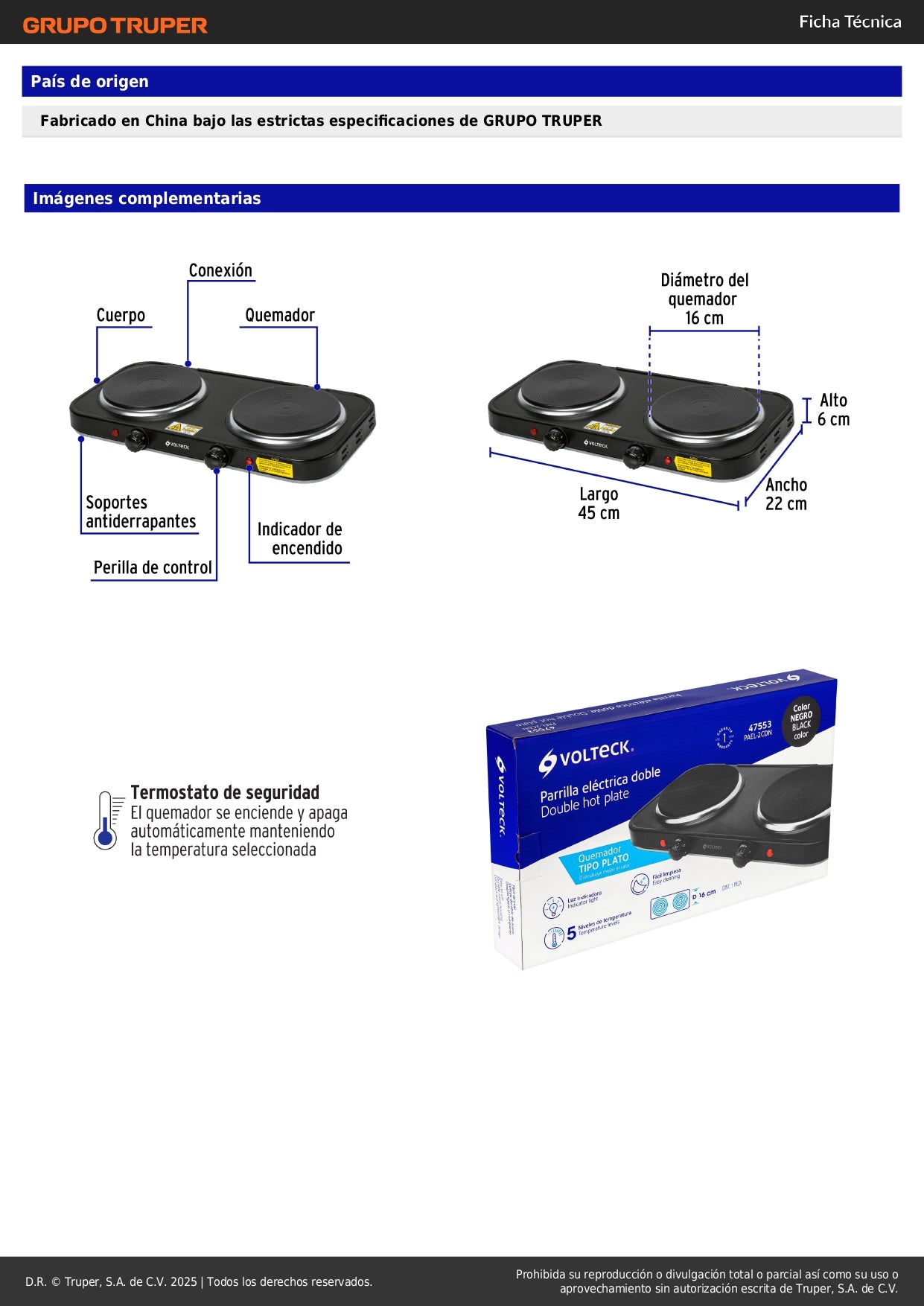 Parrilla Eléctrica VOLTECK 2 Quemadores Disco - Cocción Uniforme Sin Gas - PAEL-2CDN