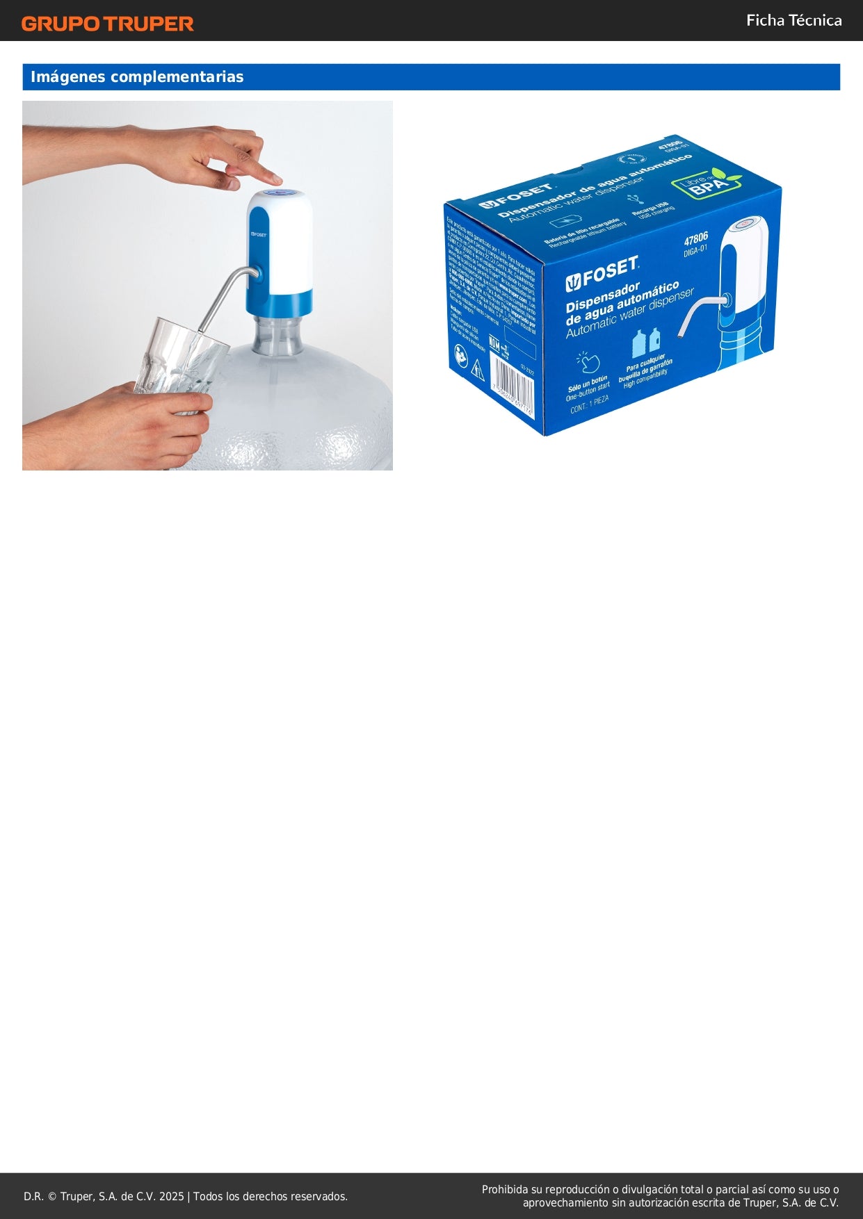 Dispensador Eléctrico de Agua FOSET para Garrafón - Elimina el Esfuerzo de Cargar Agua Pesada - Bomba Automática 114L con Apagado Inteligente - Libre de BPA - DIGA-01