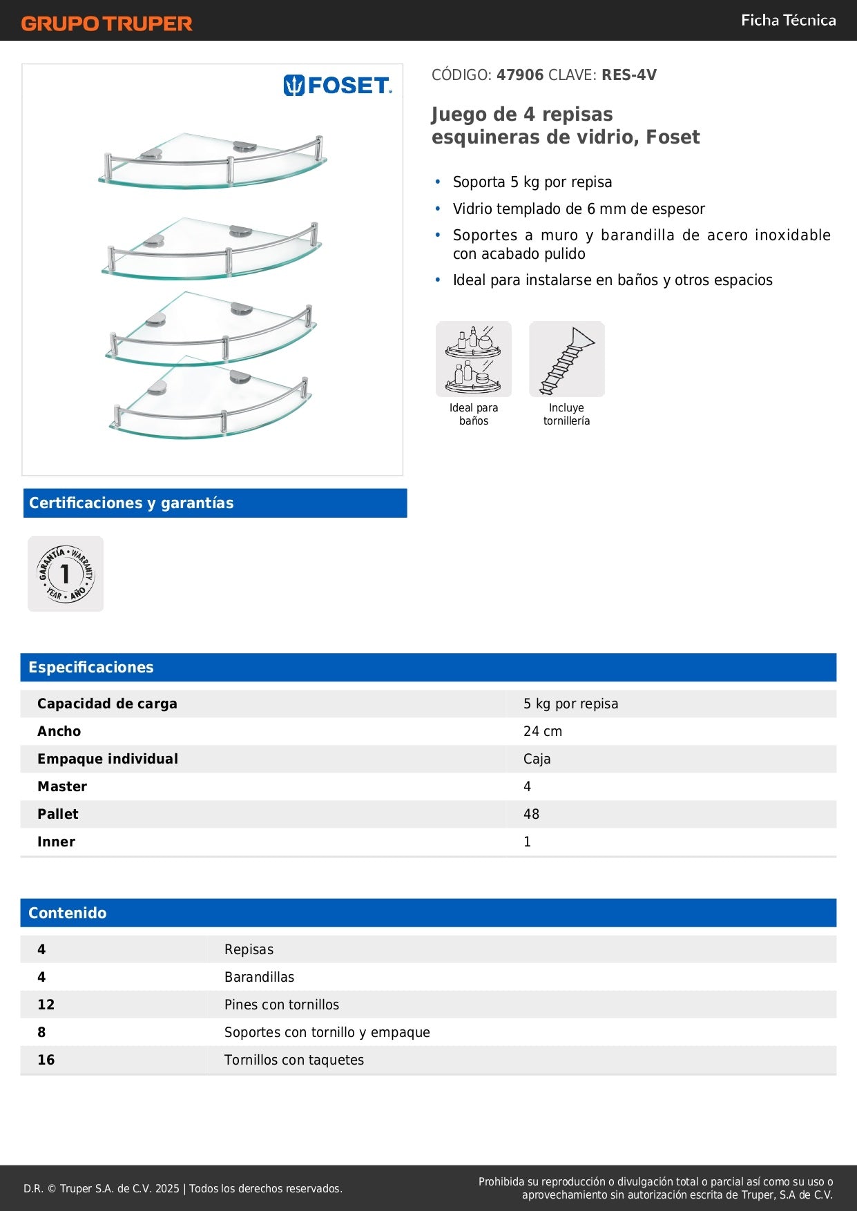 Juego de 4 repisas esquineras de vidrio, Foset