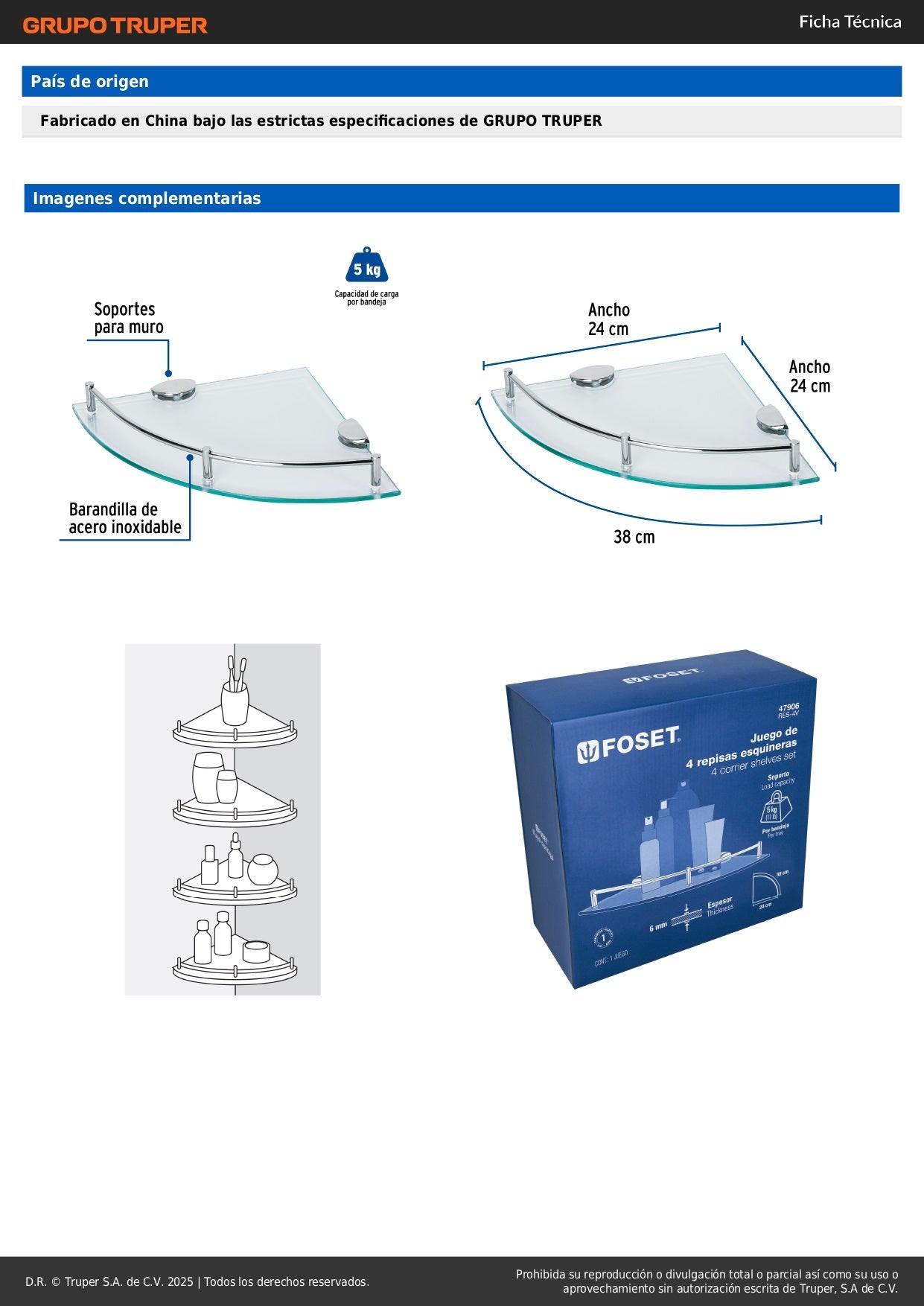 Juego de 4 repisas esquineras de vidrio, Foset