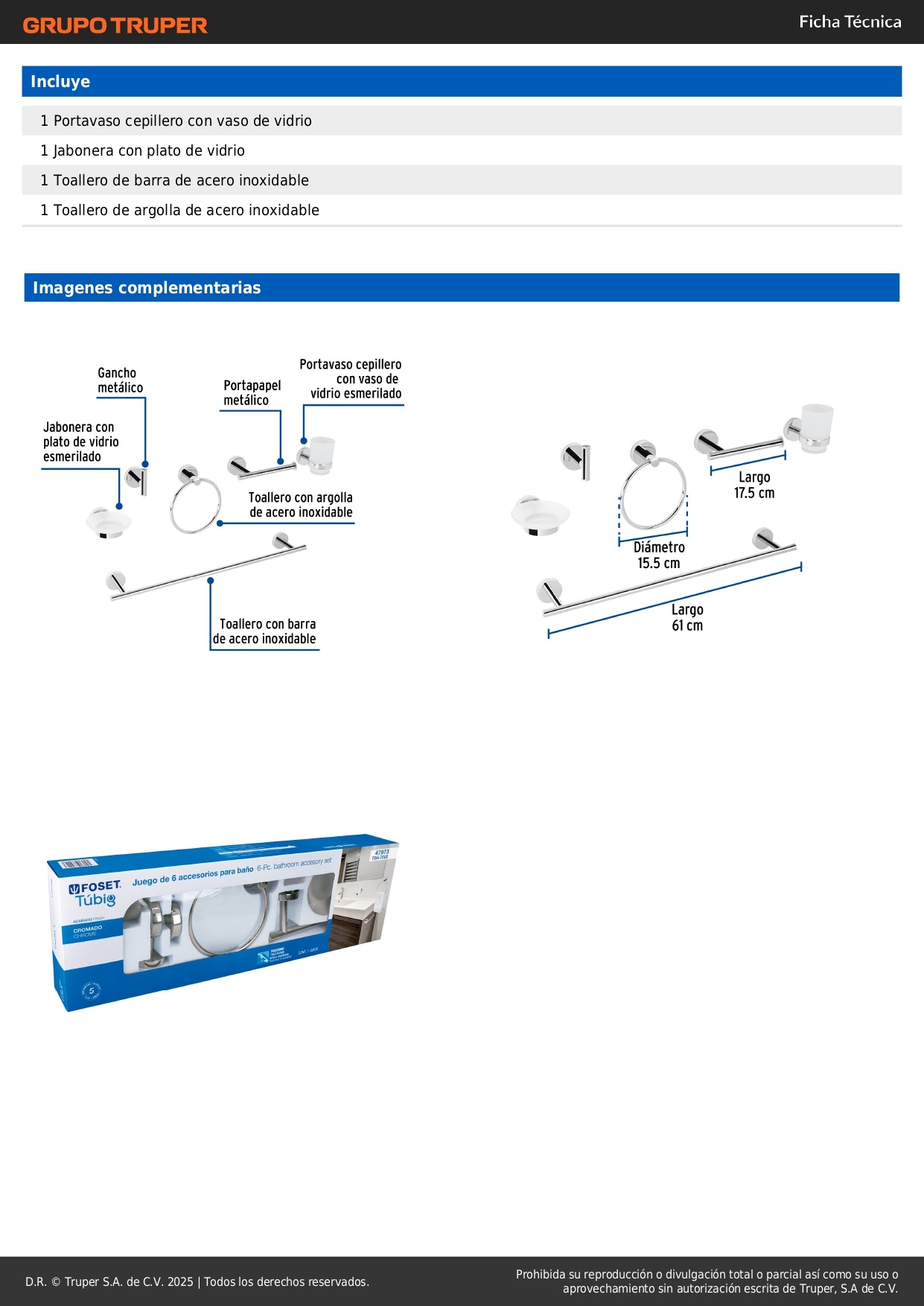 Juego Completo 6 Accesorios para Baño FOSET TÚBIG TBA-7000 - Acabado Cromo Acero Inoxidable con Sistema Semiempotrado - Solución Integral para Organización y Funcionalidad del Baño