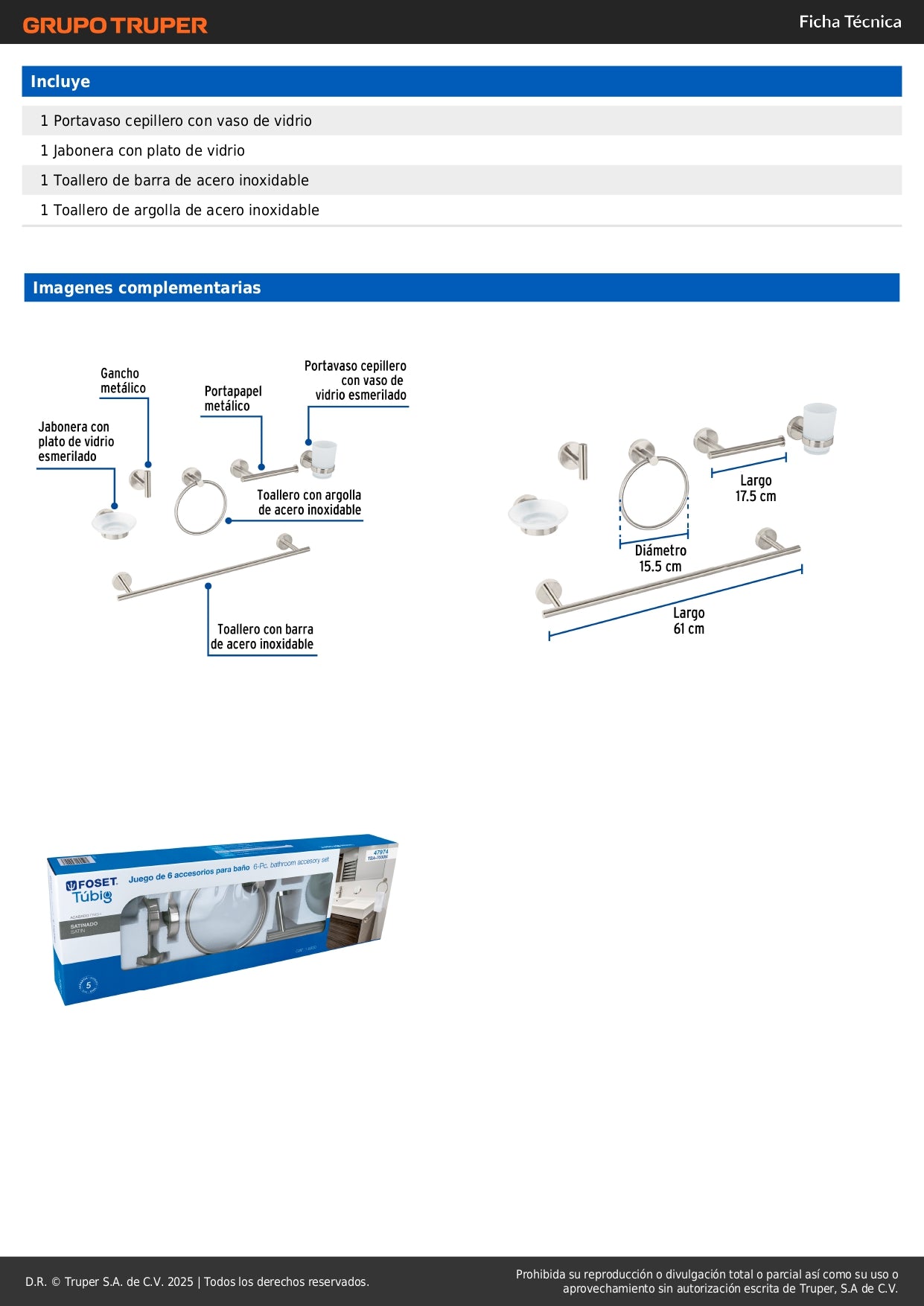 Juego Completo 6 Accesorios Baño Acero Inoxidable FOSET TÚBIG TBA-7000N - Organiza y Moderniza tu Baño