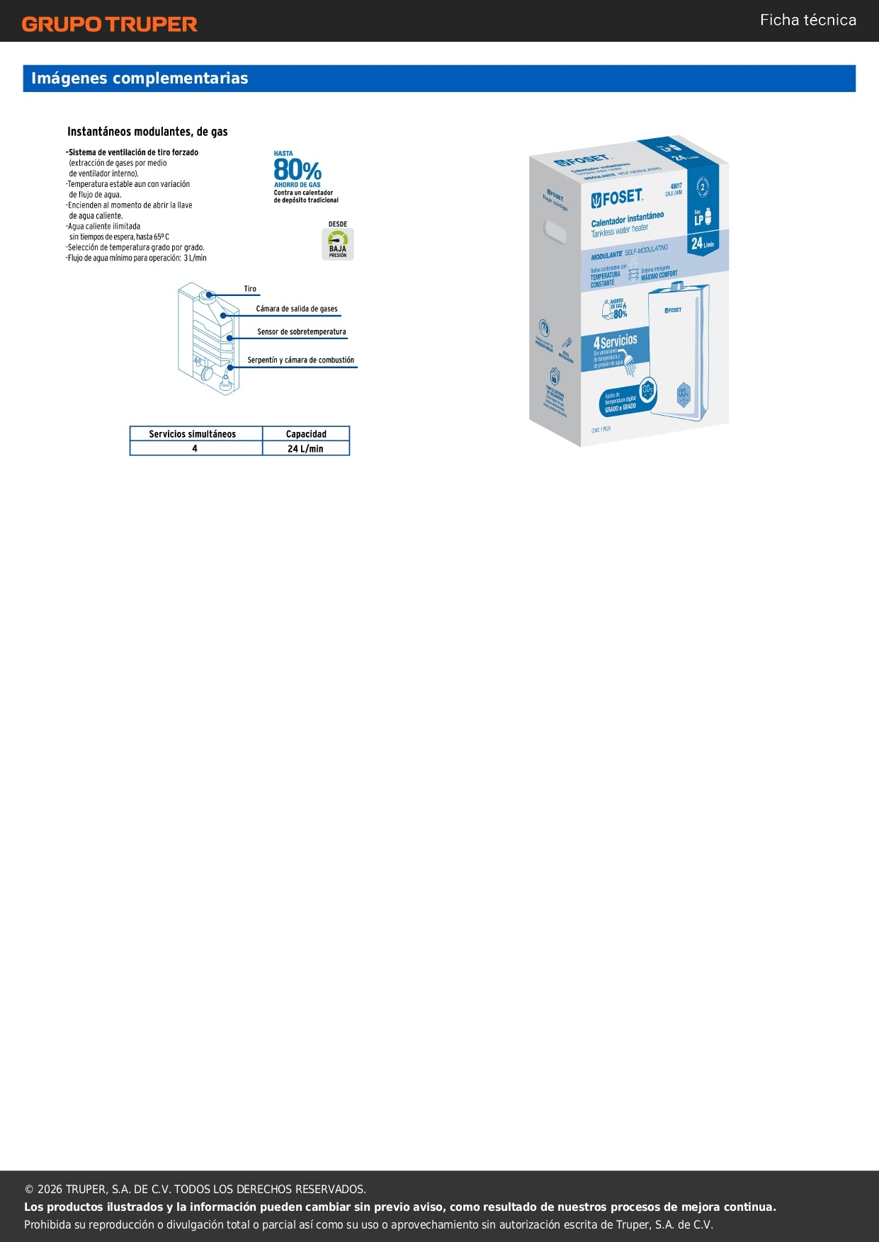 Calentador instantáneo modulante, 24L, 4 serv, gas LP, FOSET