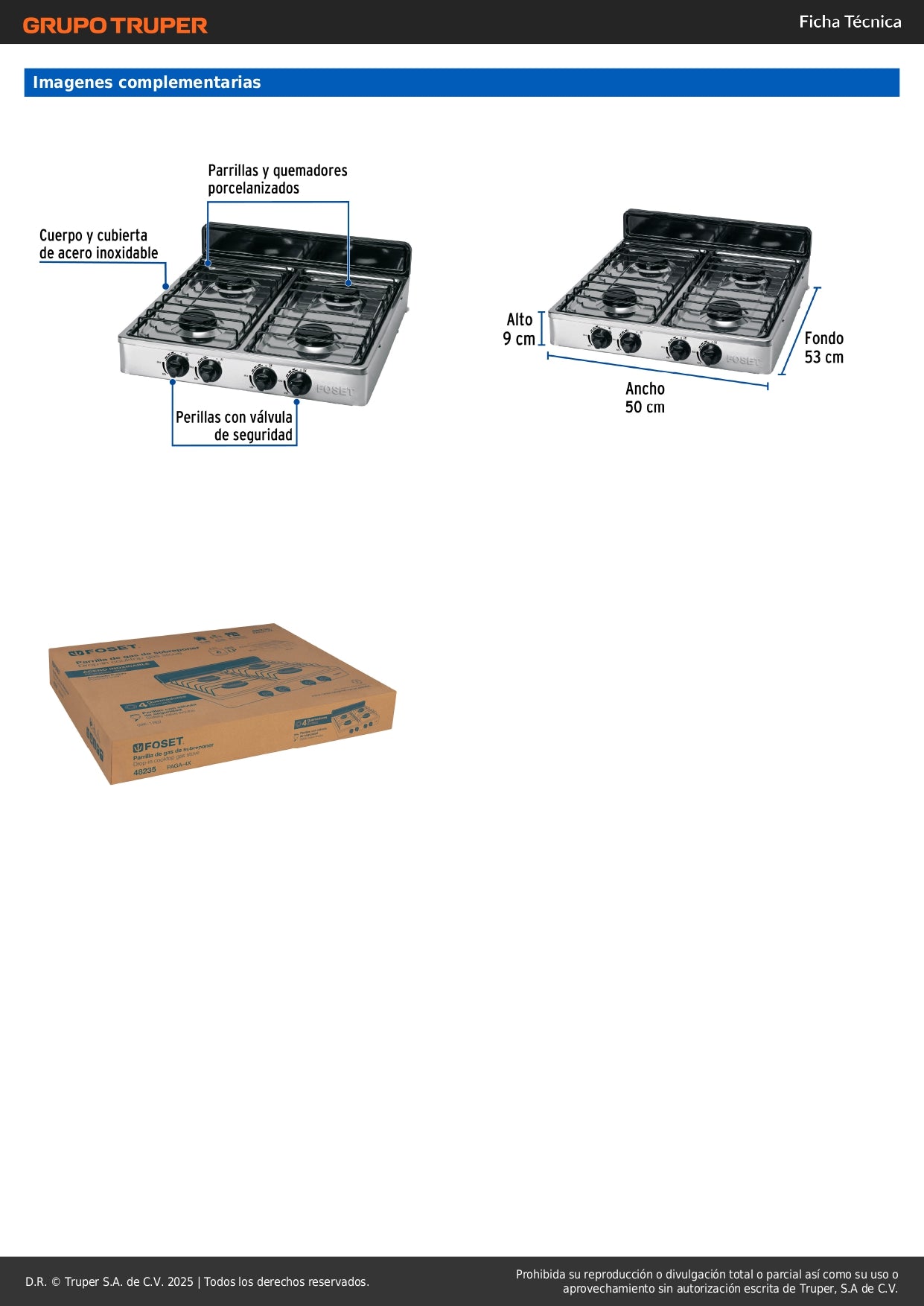 Parrilla de Gas 4 Quemadores Acero Inoxidable FOSET - Sobreponer Porcelanizada Profesional