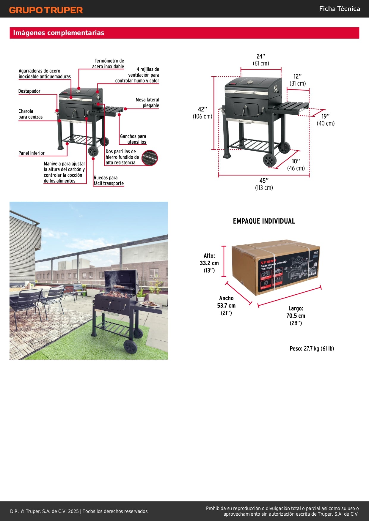 Asador de Carbón FIERO 24 Pulgadas con Tapa - Parrilla BBQ Profesional con Termómetro y Ruedas - Solución Completa para Barbacoa Perfecta