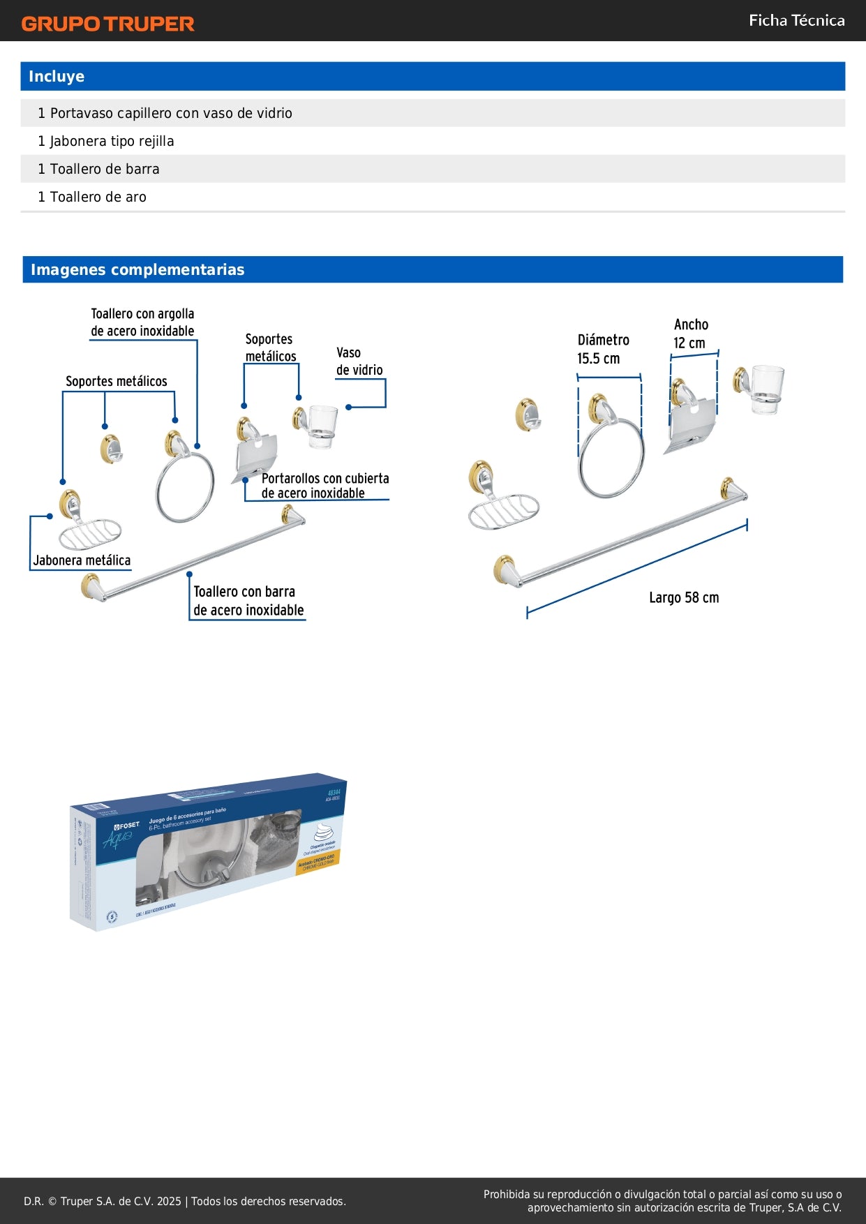 Juego Completo 6 Accesorios para Baño Cromo-Oro AQUA AQA-4003G - Set Profesional Acero Inoxidable con Chapetón Ovalado, Barra Toallero, Aro, Vaso Vidrio y Portarrollos - Solución Elegante para Organizar y Decorar Baños Modernos