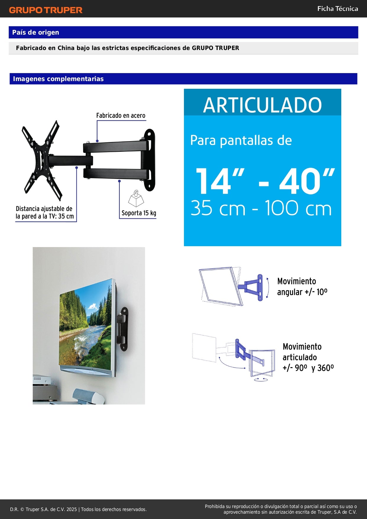 Soporte de Pared para TV 14-40 Pulgadas Triple Articulado Angular - Compatible VESA 100/130/200 - Acero Reforzado