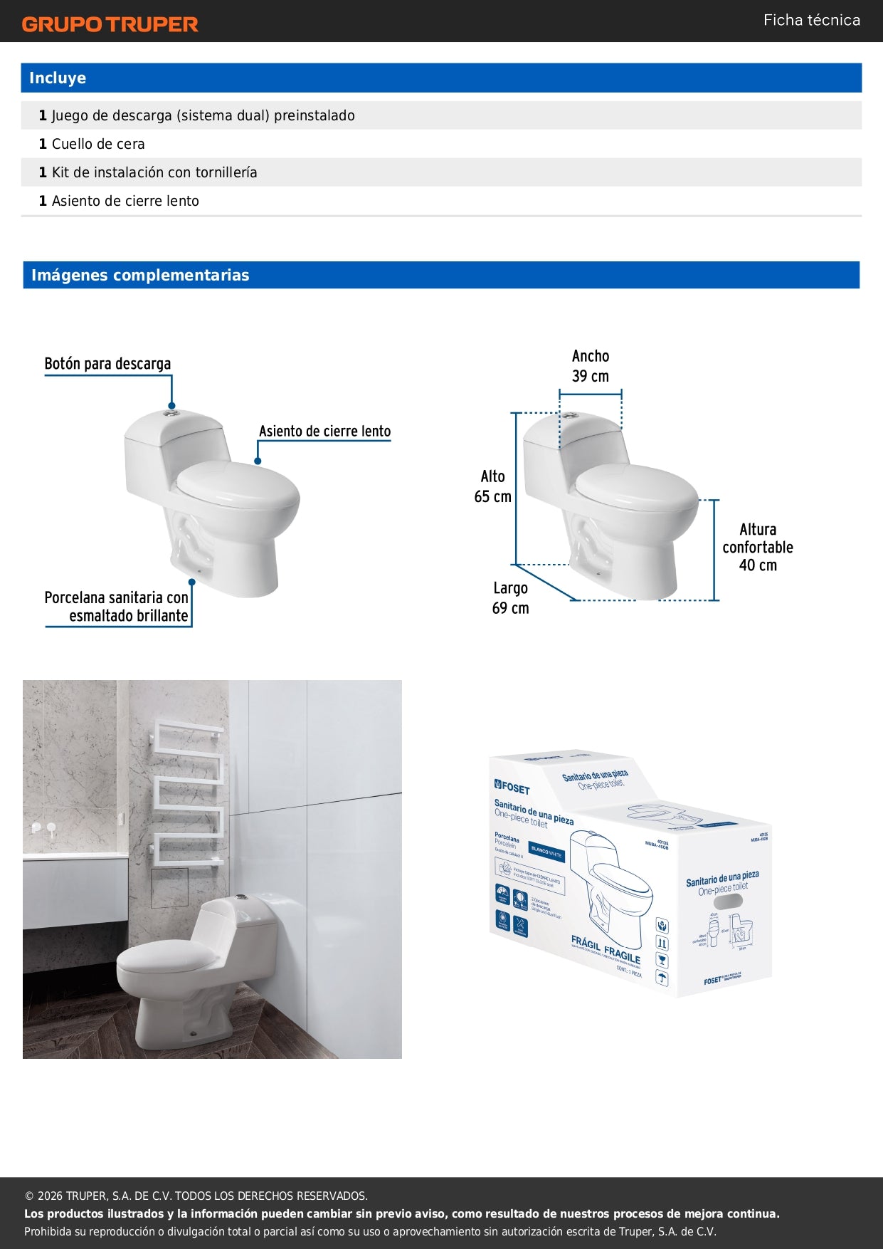 Sanitario One Piece Alargado Blanco FOSET 49135 - Porcelana Premium