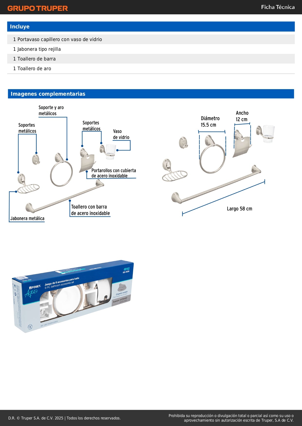 Juego Completo 6 Accesorios Baño Acero Inoxidable Satín AQUA AQA-4003N - Organización Total Baño Moderno