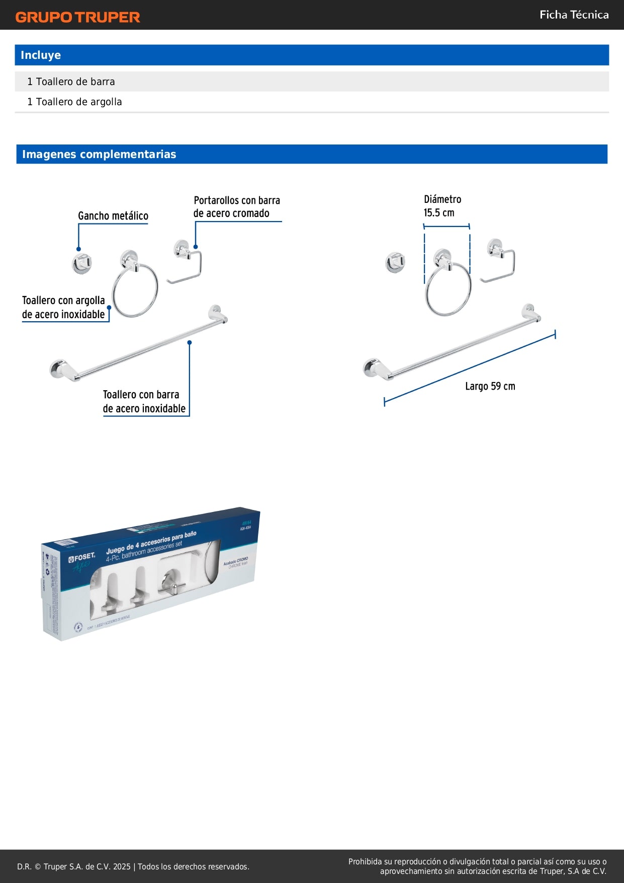 Juego 4 Accesorios Baño Acero Inoxidable FOSET AQUA AQA-4004 - Solución Completa Organización Baño