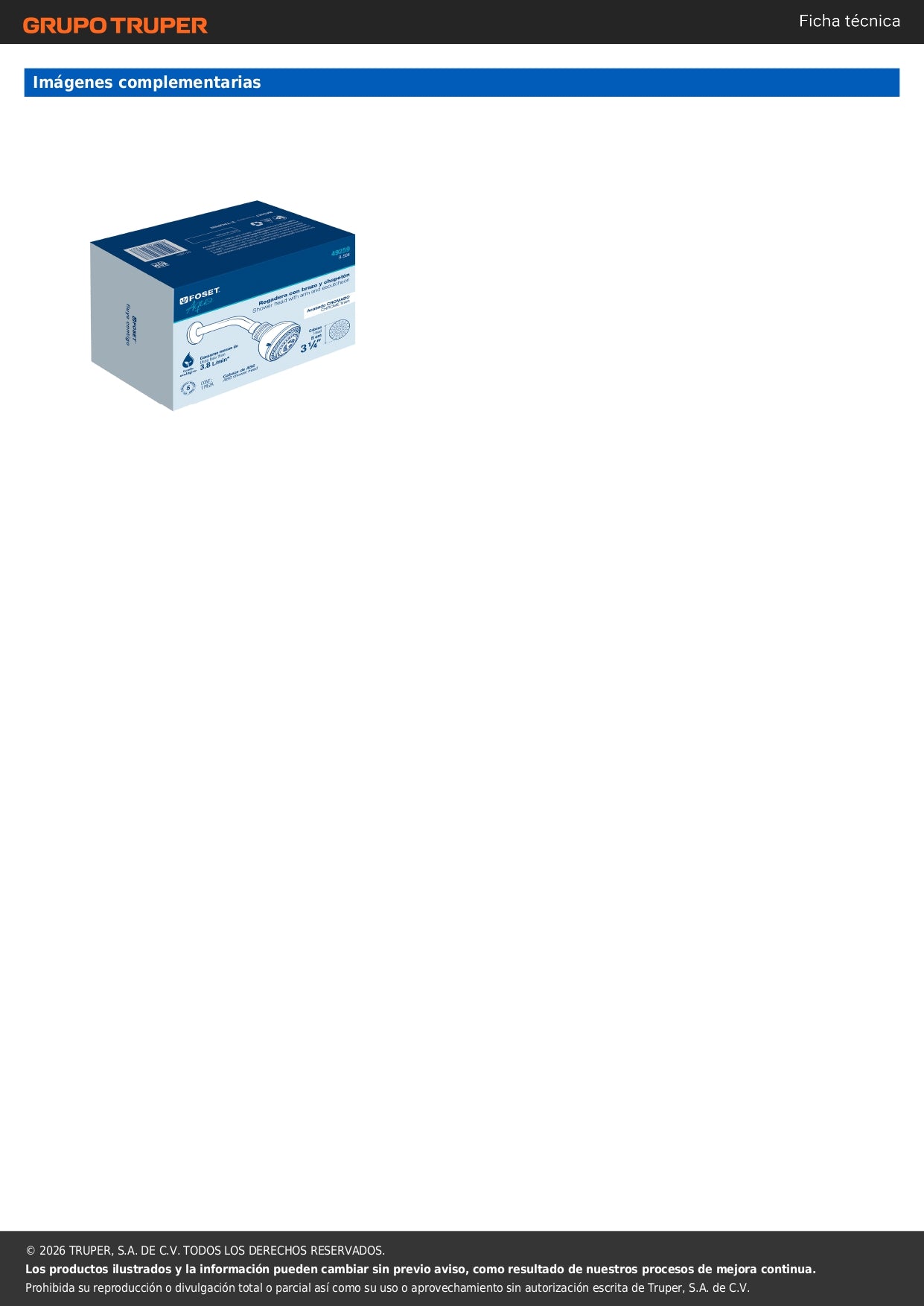 Regadera para Baño 5 Funciones con Brazo y Chapetón 3-1/4" FOSET AQUA
