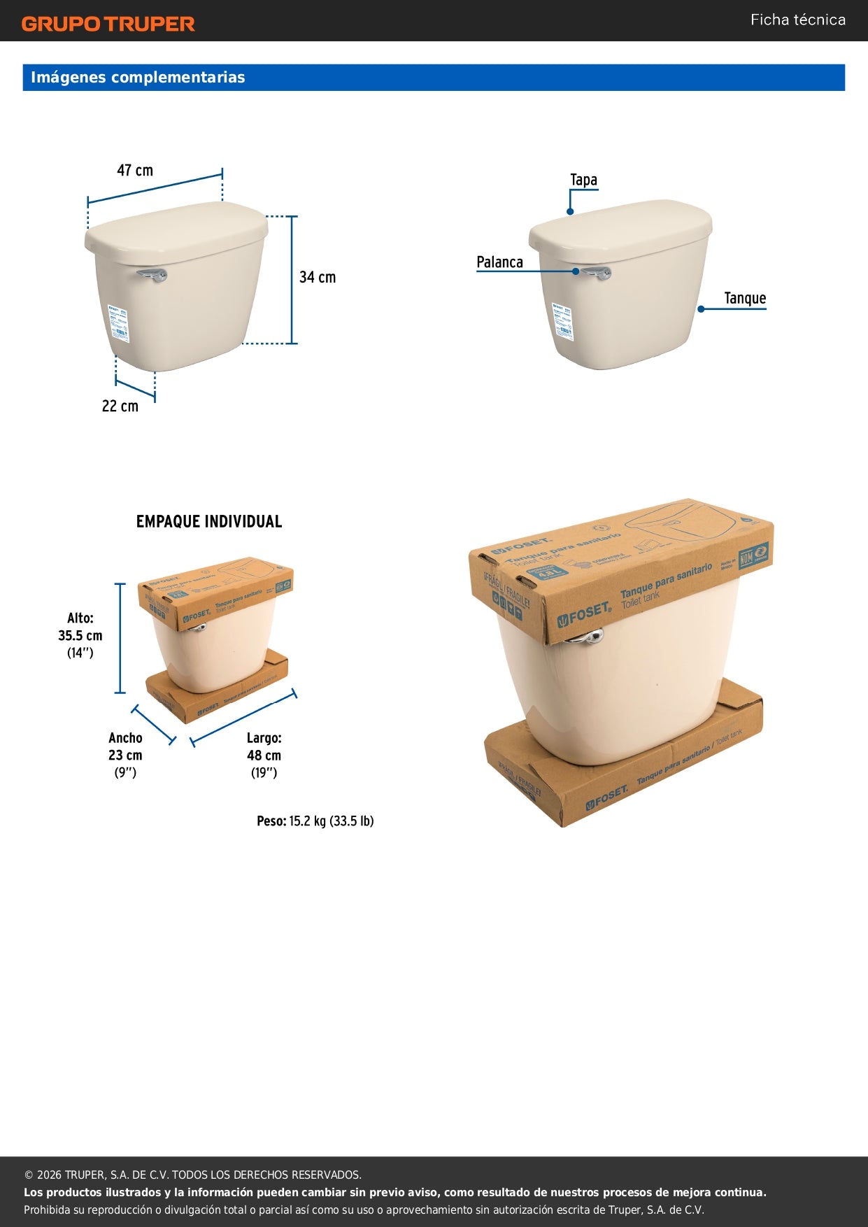 Tanque Bajo Porcelana Marfil con Accesorios para WC - FOSET