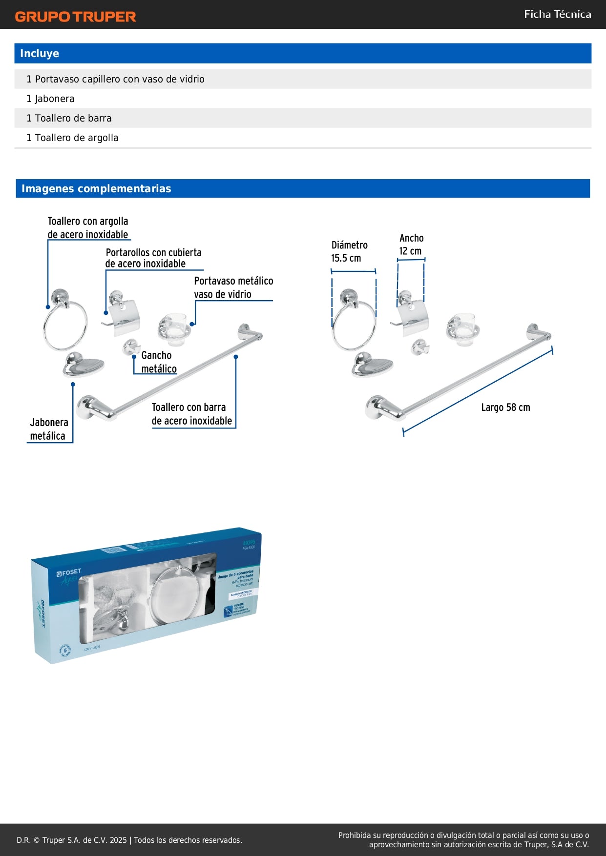 Juego Completo 6 Accesorios Baño Acero Inoxidable FOSET AQUA AQA-4000 - Organiza y Moderniza tu Baño