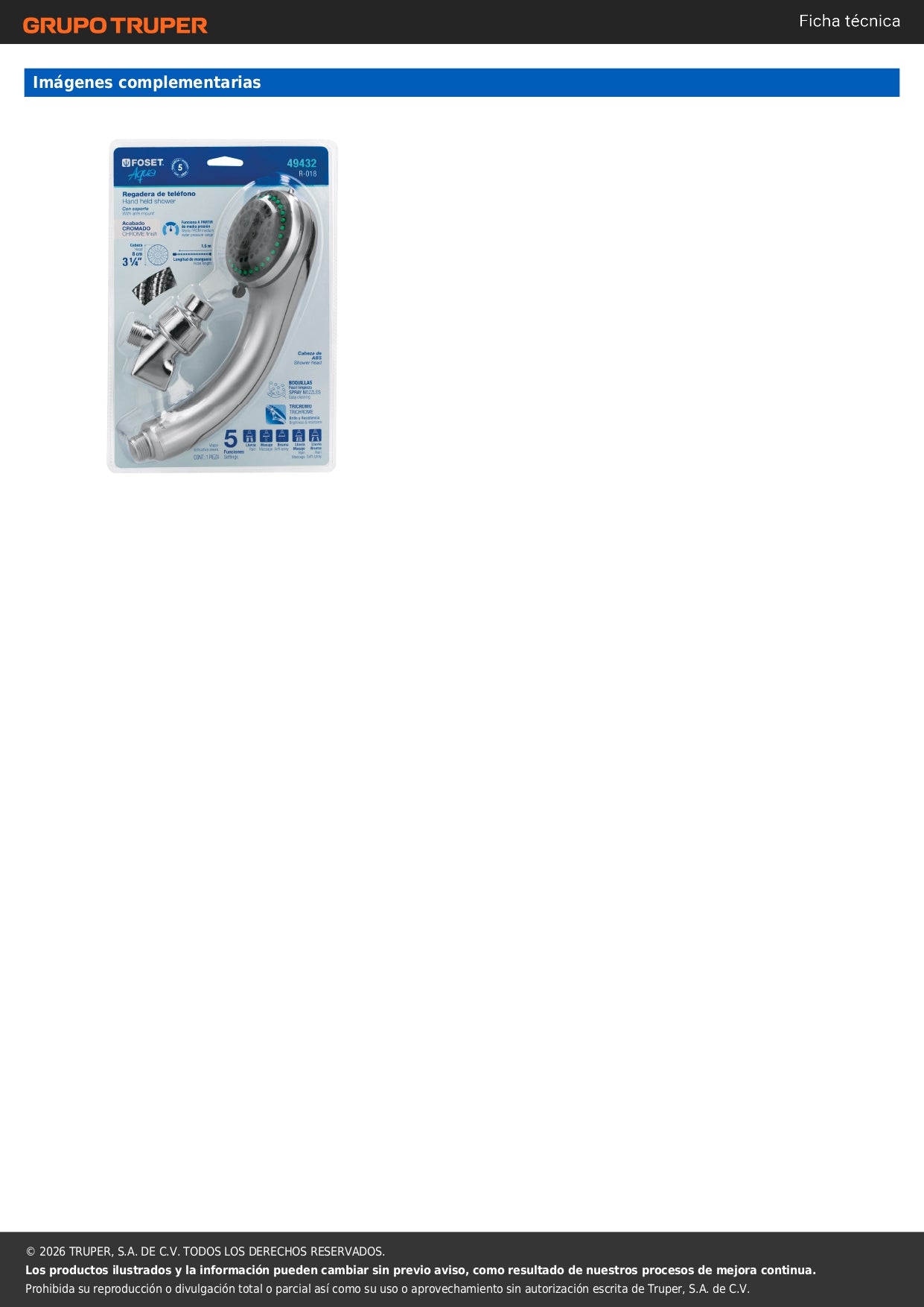 Regadera de Teléfono FOSET AQUA 5 Funciones 3-1/4" con Soporte