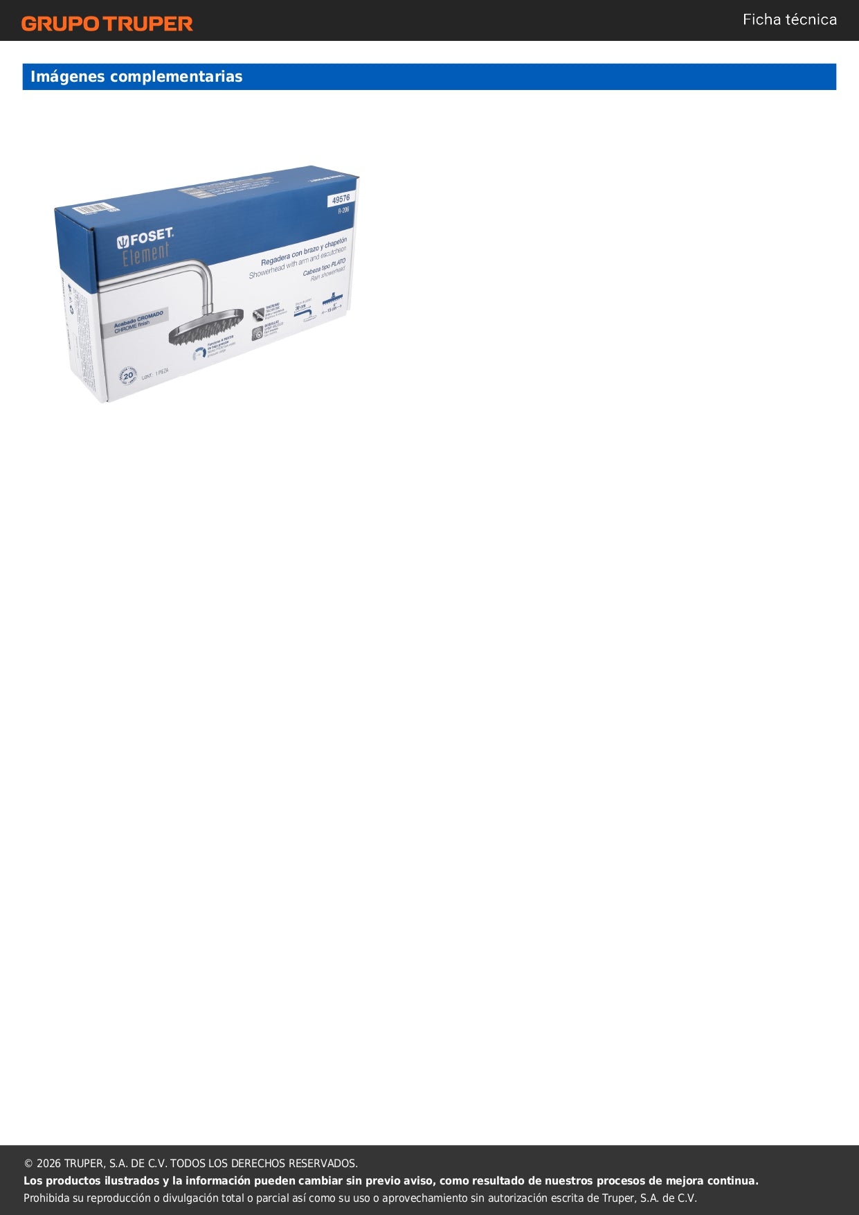 Regadera Cromo 6 Pulgadas con Brazo Ajustable FOSET ELEMENT | Plato Redondo