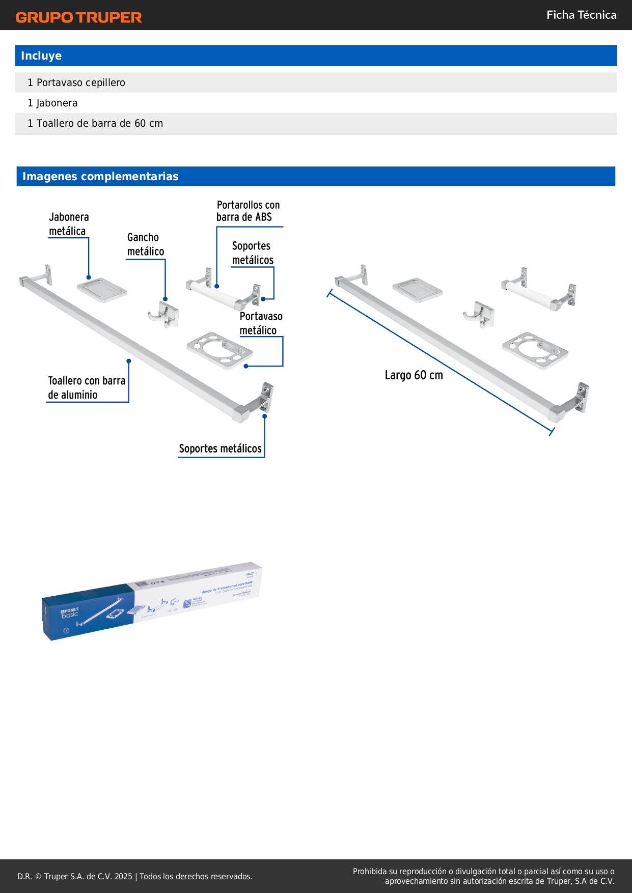 Juego Completo 5 Accesorios Baño Cromados A-900 BASIC - Barra Aluminio + Portarrollos ABS Semiempotrado - Solución Organización Baño Moderno