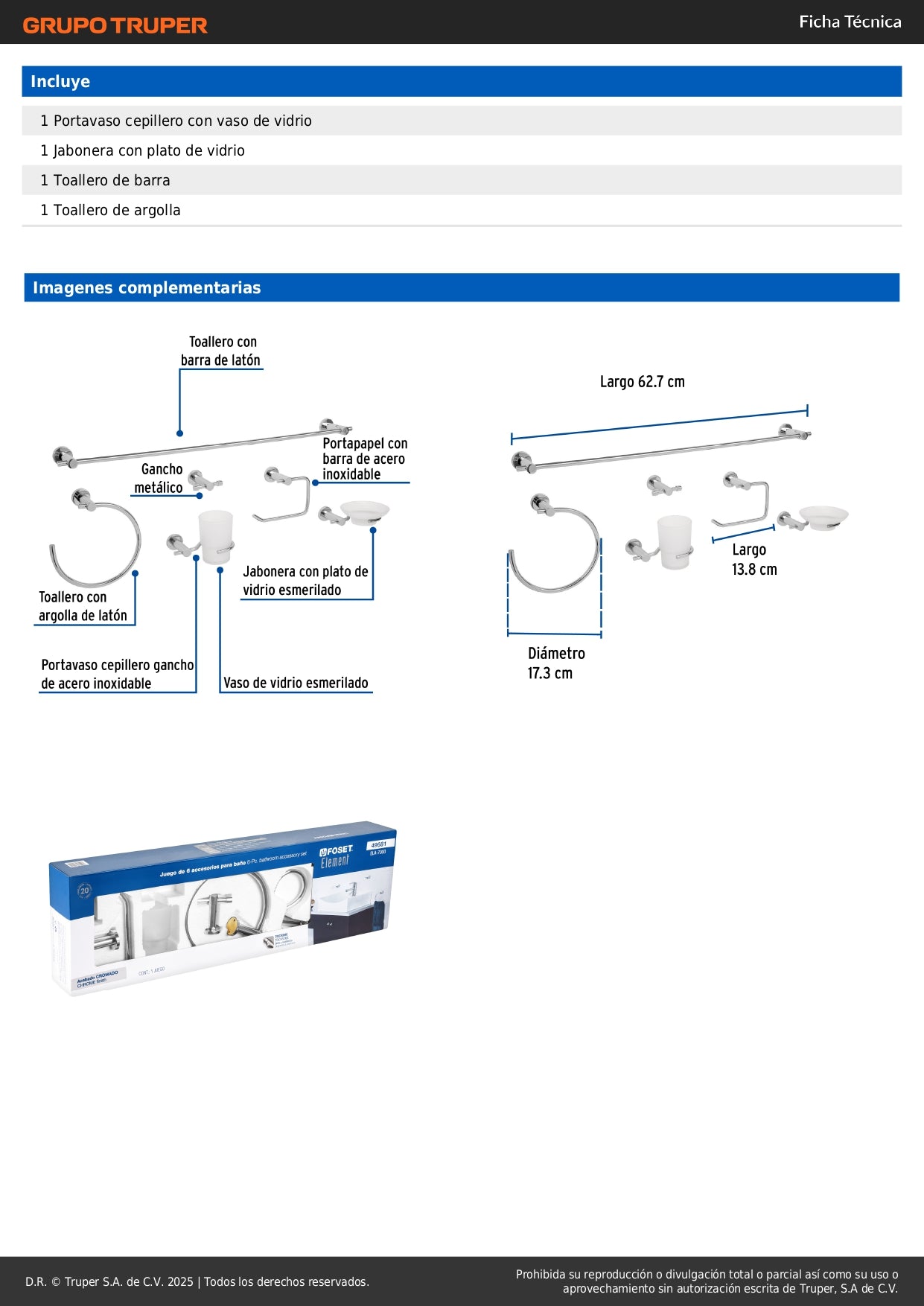 Juego 6 Accesorios Baño Cromo FOSET ELEMENT ELA-7000 - Organización Completa Baño Moderno