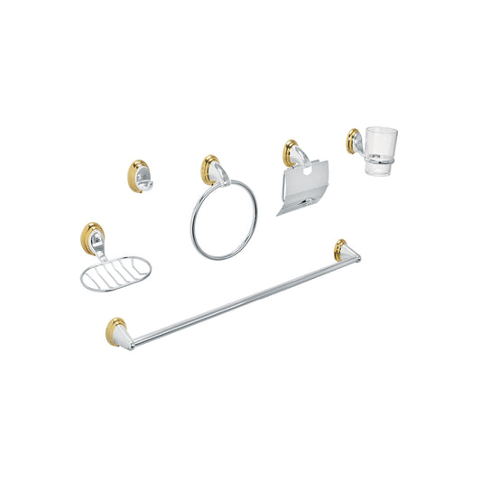 Juego Completo 6 Accesorios para Baño Cromo-Oro AQUA AQA-4003G - Set Profesional Acero Inoxidable con Chapetón Ovalado, Barra Toallero, Aro, Vaso Vidrio y Portarrollos - Solución Elegante para Organizar y Decorar Baños Modernos