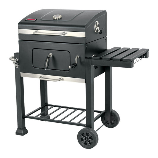 Asador de carbón Fiero de 24 pulgadas con tapa, termómetro, mesa lateral plegable y ruedas