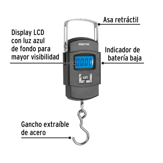 Báscula Electrónica Colgante Pretul 50kg - Portátil Digital con Display LCD y Función TARA - Ideal para Pesaje Preciso en Comercio y Viajes