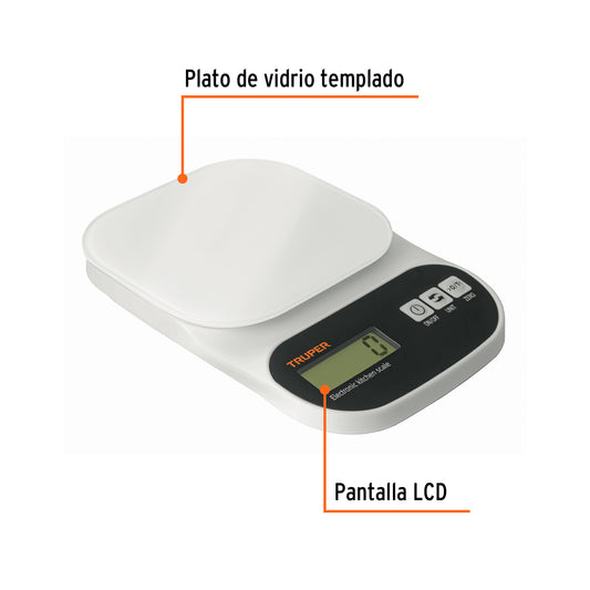 Báscula Digital Cocina Truper 5kg Vidrio Templado - Pesaje Preciso Alimentos con Función TARA y Pantalla LCD