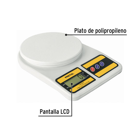 Báscula Digital Cocina 5kg Pretul BASE-5EPP - Plato Polipropileno, Pantalla LCD, Función TARA - Solución Precisa para Pesado Profesional