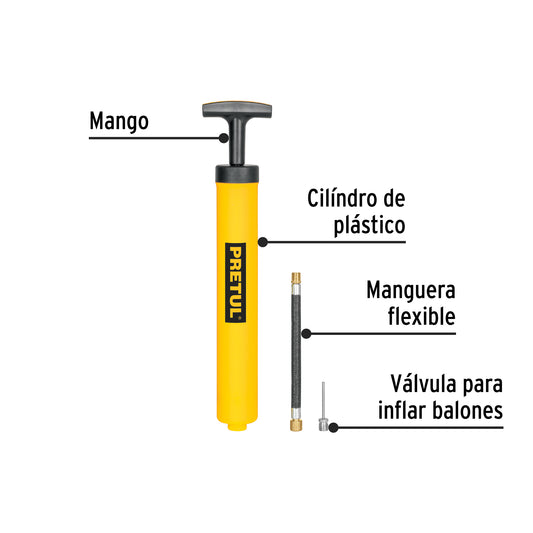 Mini Bomba Manual PRETUL BOM-BAP para Inflar Balones 25 PSI - Solución Portátil y Ergonómica para Mantener Pelotas Siempre Infladas - Cuerpo Plástico Resistente y Fácil Transporte