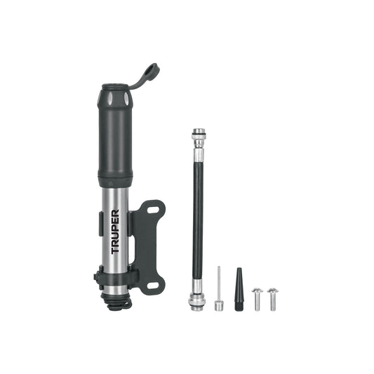 Mini Bomba Manual Bicicleta Aluminio 75 PSI TRUPER - Solución Portátil Inflado Rápido Válvulas Presta Schrader - Compacta Abatible con Soporte Cuadro