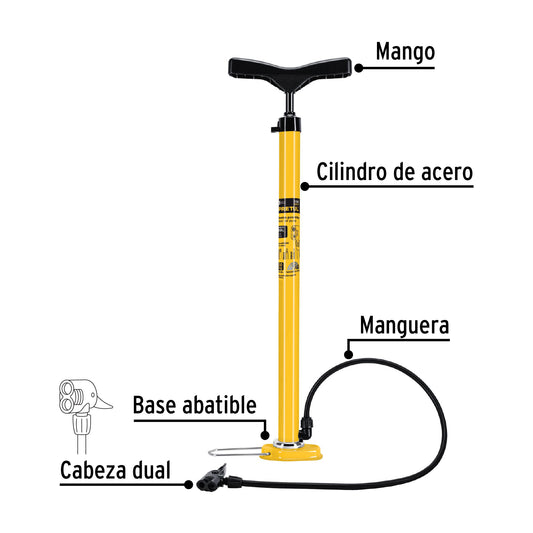Bomba Manual PRETUL 80 PSI - Inflador Profesional para Bicicletas y Balones con Cilindro de Acero y Cabeza Dual Universal - Solución Rápida para Neumáticos Desinflados