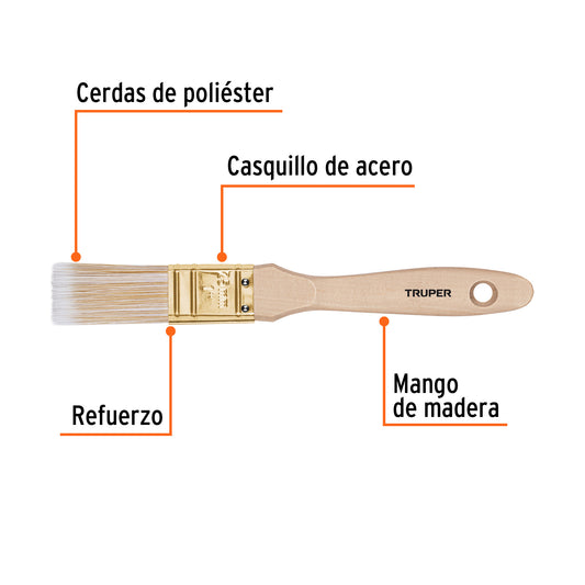 Brocha Profesional Cerdas Sintéticas 1 Pulgada BRT-1S - Acabado Extrafino para Pintura en Madera, Concreto y Metal - Mango de Madera con Corte Recto - Solución Perfecta para Pintores Profesionales y Bricolaje
