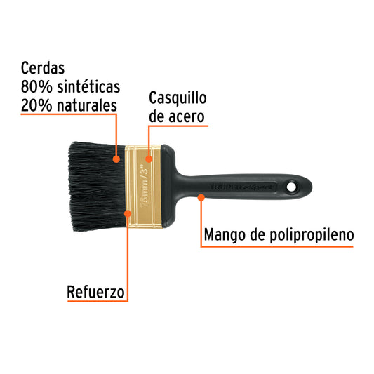 Brocha Profesional 3 Pulgadas BRT-3X Truper Expert - Cerdas Sintéticas y Naturales para Pintura Uniforme en Concreto, Metal, Estuco y Madera