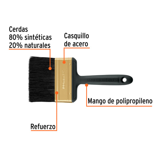 Brocha Profesional 4 Pulgadas BRT-4X Truper Expert - Cerdas Sintéticas y Naturales para Pintura Uniforme en Concreto, Metal, Estuco y Madera - Mango Ergonómico Antideslizante