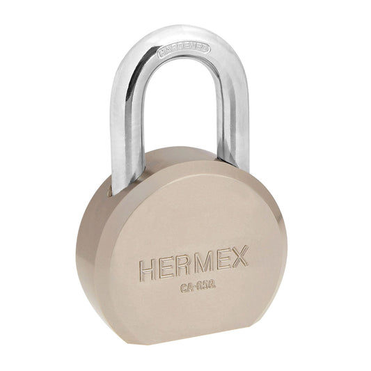 Candado redondo HERMEX 65mm con gancho corto y llave de puntos. Seguridad confiable para uso doméstico e industrial. Presentación en blíster