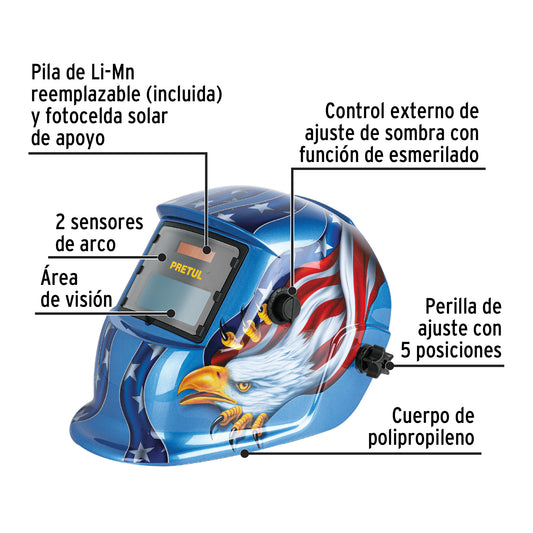 Careta Electrónica Soldadura Automática PRETUL Águila - Sombra Variable 9-13 - Protección Profesional Anti-Fatiga Ocular