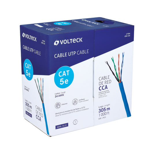 Compra cable UTP CAT5E por metro de bobina de 305m color azul marca VOLTECK. Ideal para redes de datos.