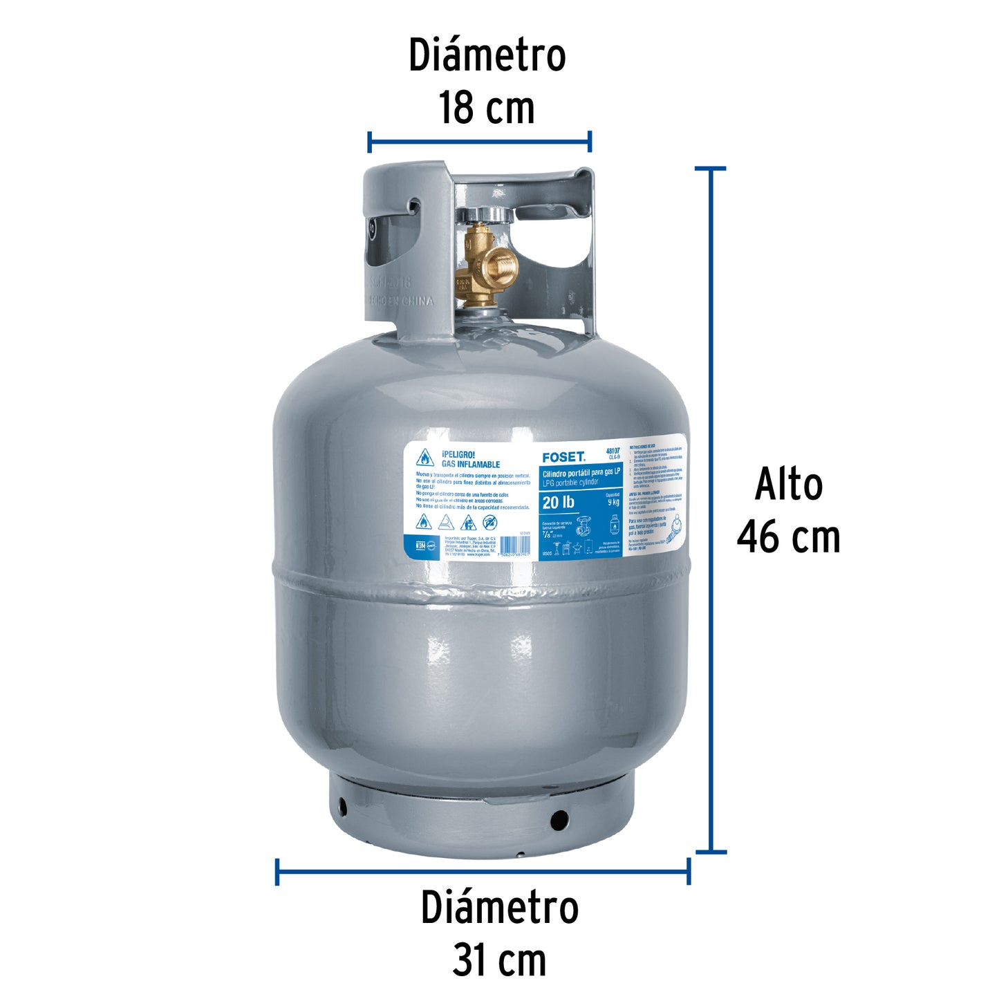 Cilindro Tanque Gas LP 20lb (9kg) FOSET - Portátil Acero Parrillas Asadores Estufas