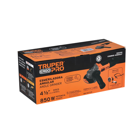 Combo Esmeriladora Profesional 4-1/2" 850W ERGO-PRO + Flexómetro 5.5m + Lentes Seguridad - Kit Completo Herramientas