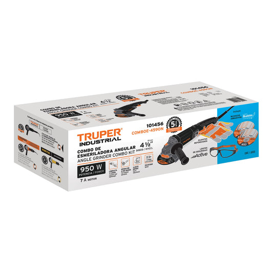 Combo Esmeriladora Industrial 4-1/2" 950W con Kit Seguridad Completo - Discos, Lentes y Guantes Profesionales COMBOE-4590N