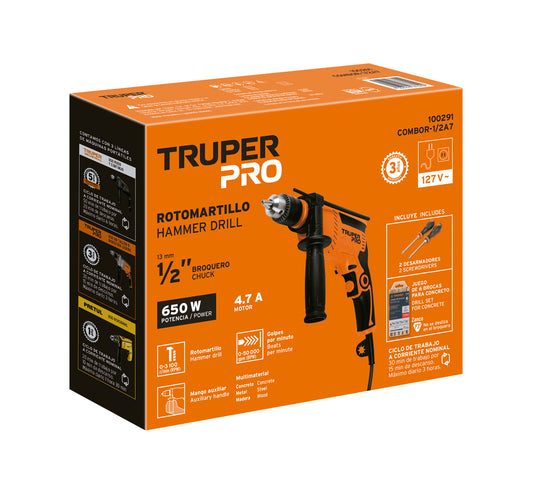 Combo Rotomartillo Profesional 1/2" 650W TRUPER con 6 Brocas Carburo Tungsteno y 2 Desarmadores - Kit Completo para Perforación en Concreto y Mampostería