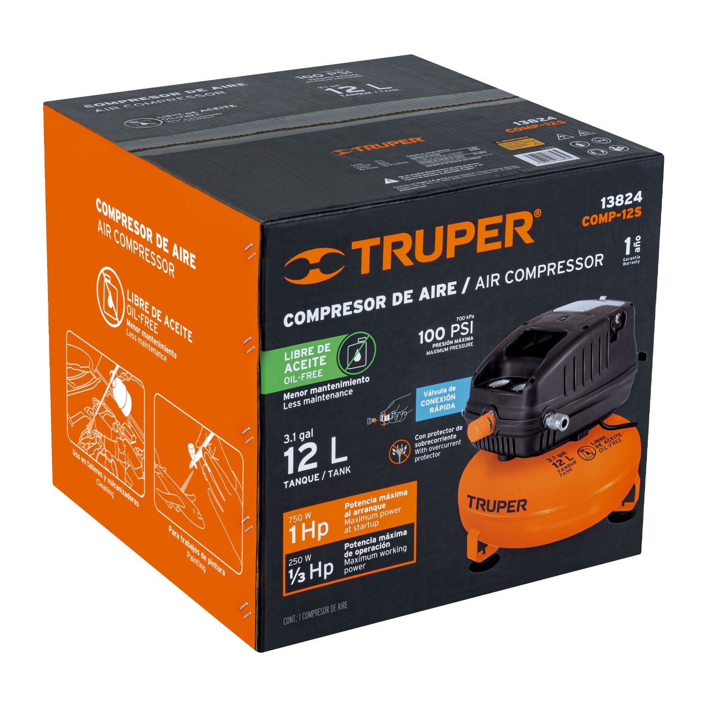 Compresor de Aire Libre de Aceite TRUPER 12L 1HP 127V - Solución Profesional para Talleres Sin Mantenimiento