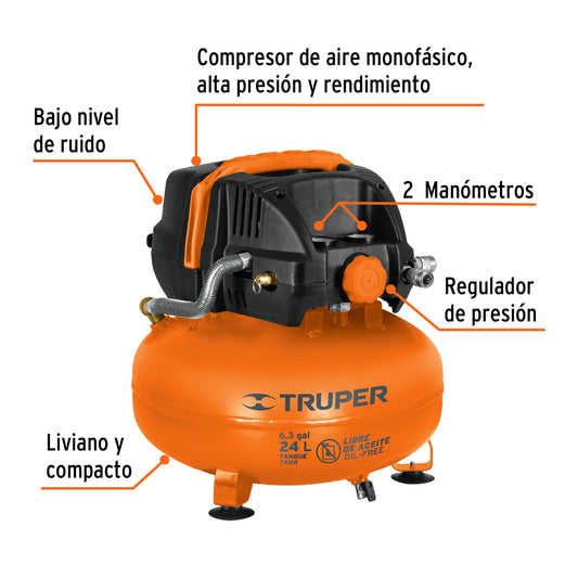 Compresor de Aire Libre de Aceite TRUPER 24L 2-2/3HP 135PSI - Sin Mantenimiento para Talleres y Herramientas Neumáticas