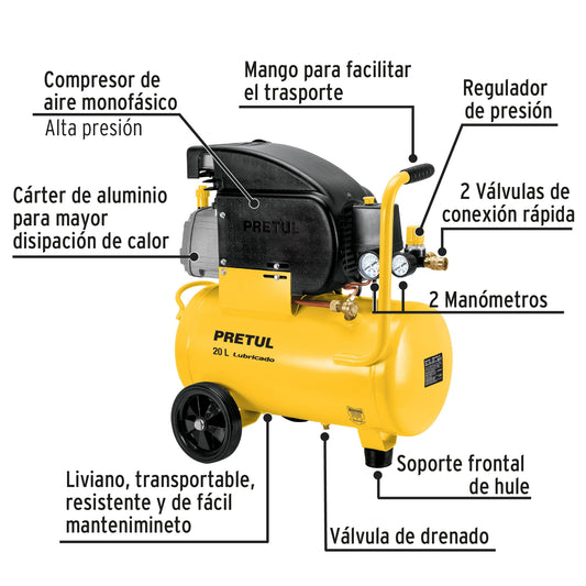 Kit Compresor de Aire 20L con Pistola de Baja Presión y Manguera 5m - Solución Completa para Pintura y Aplicaciones Neumáticas 127V PRETUL - Ideal para Talleres y Proyectos de Bricolaje